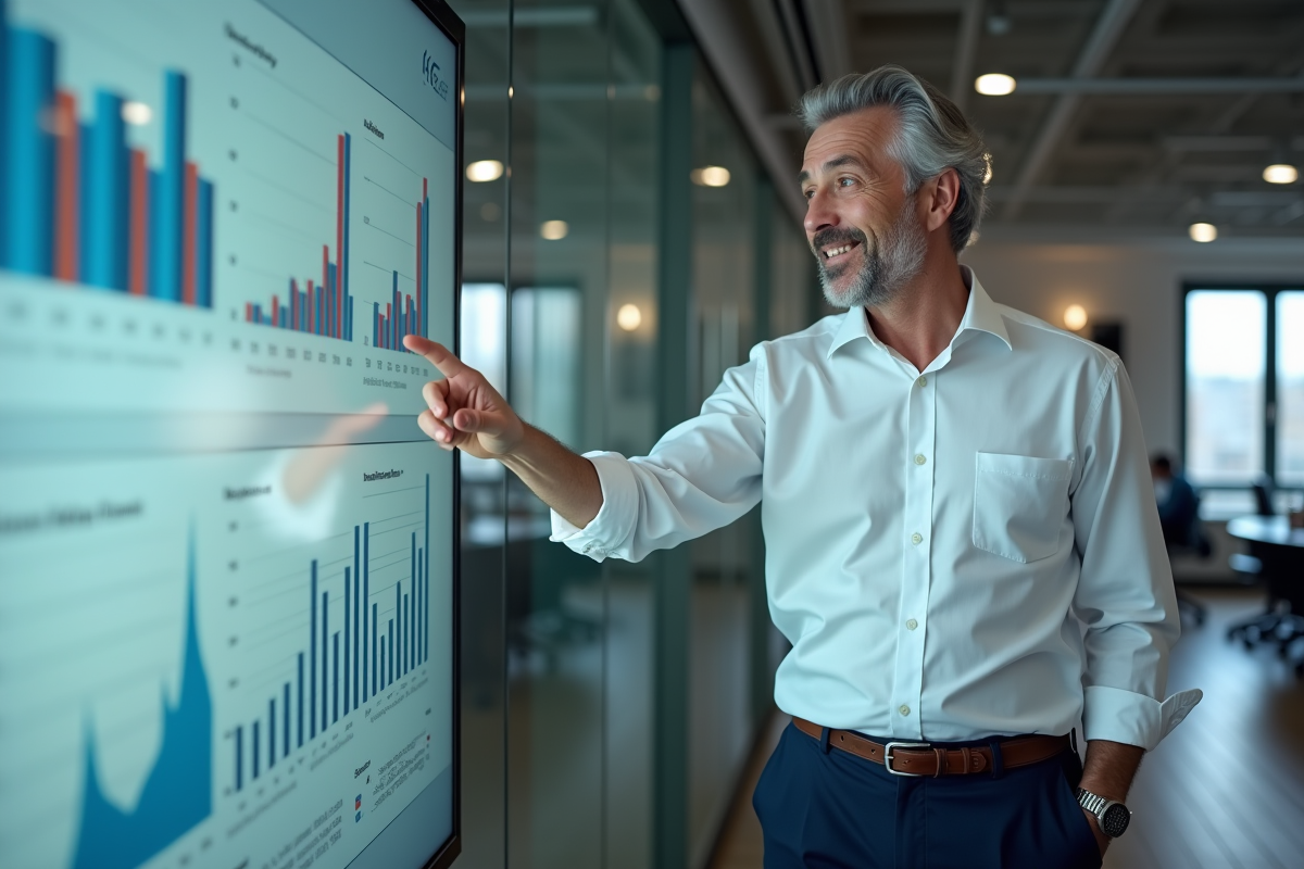 Homme expliquant des graphiques Excel lors d