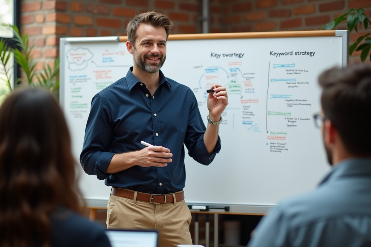 Homme en présentation de stratégie de mots-clés dans un espace collaboratif