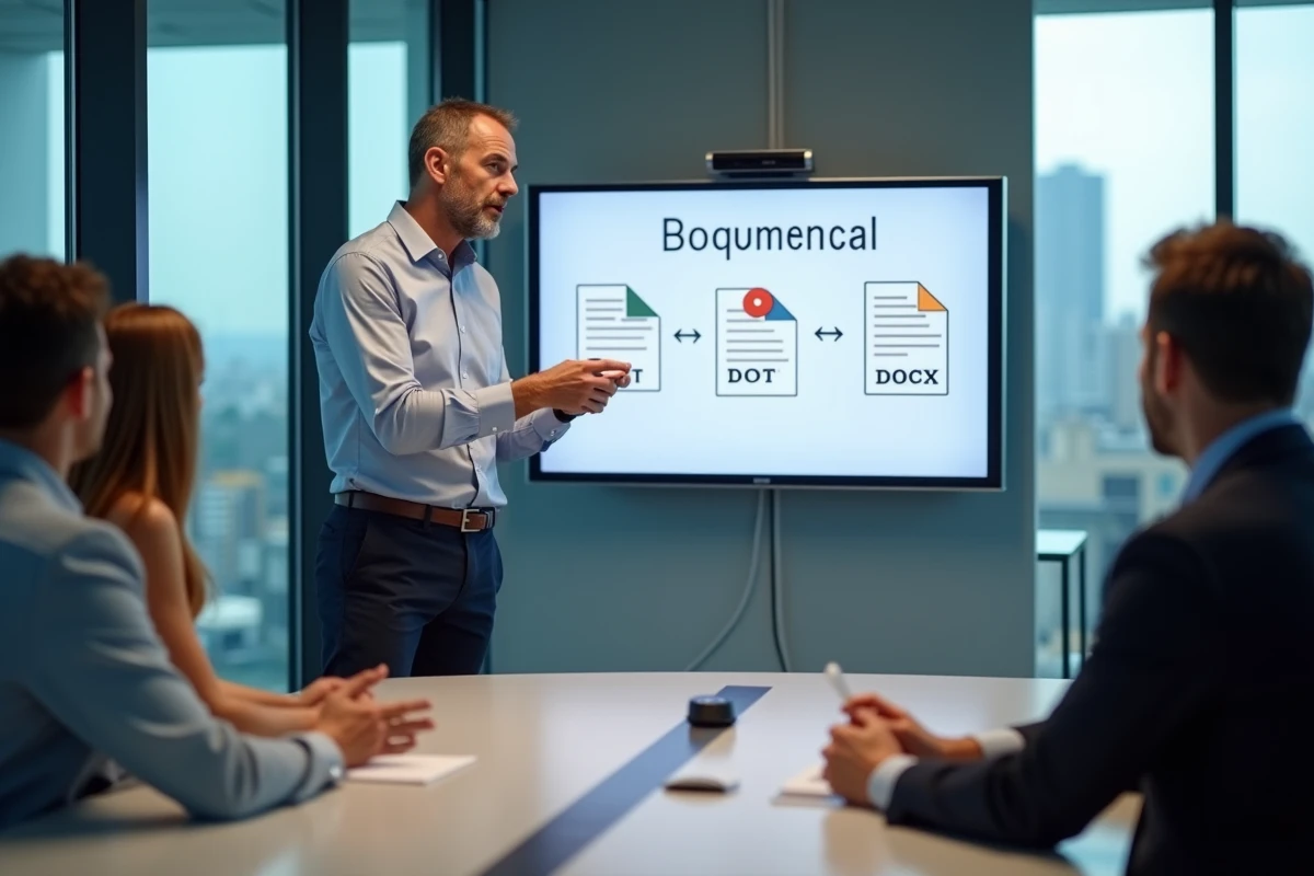 Homme en présentation avec un grand écran dans une salle de réunion