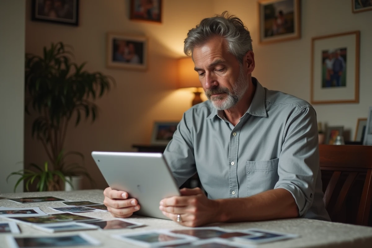 Homme vérifiant la récupération de photos sur tablette