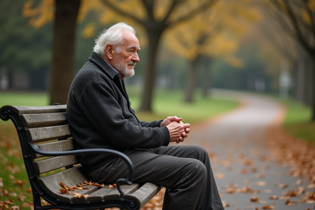 Homme âgé assis sur un banc dans un parc en automne