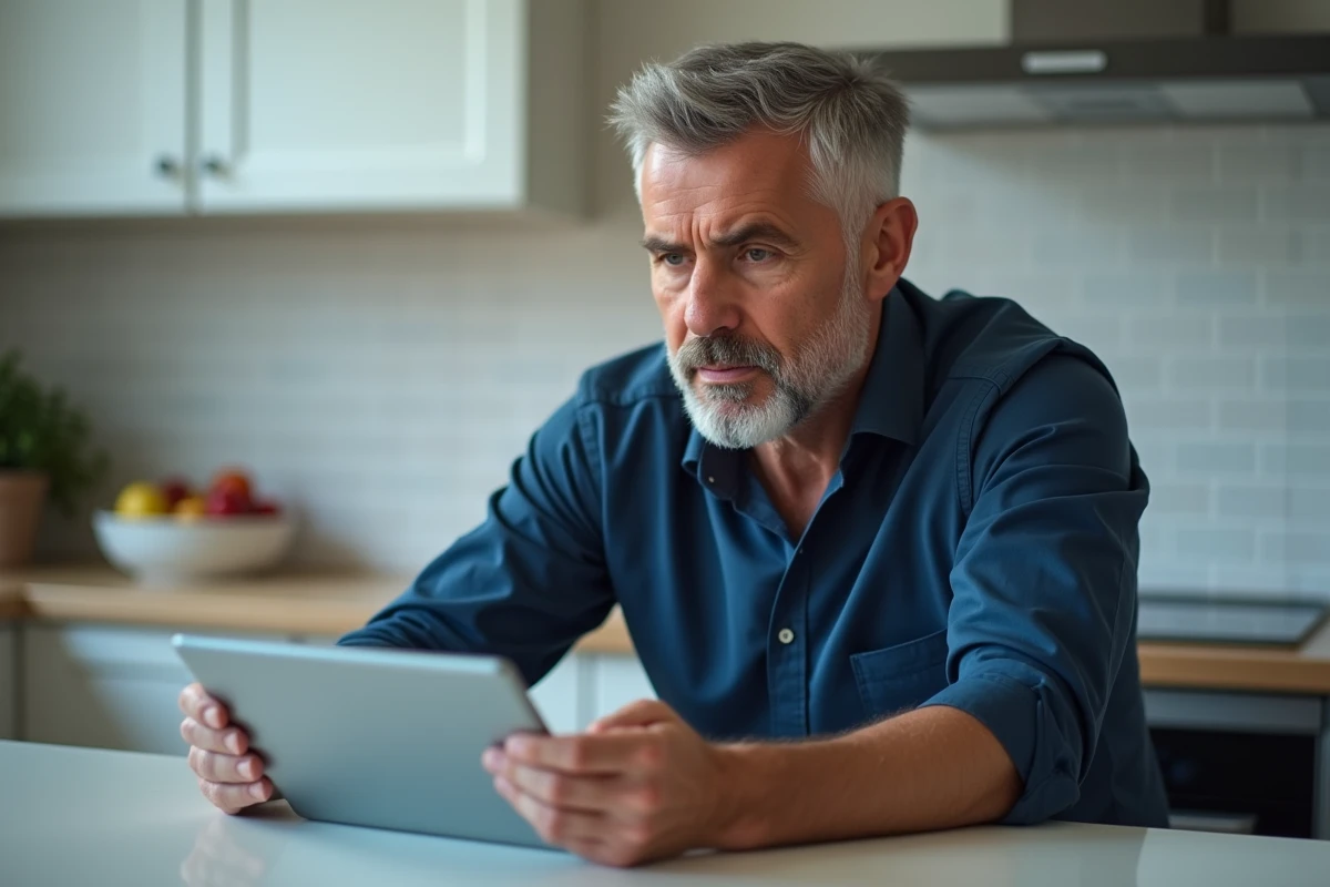 Homme utilisant une tablette pour retrouver des messages supprimés dans une cuisine moderne