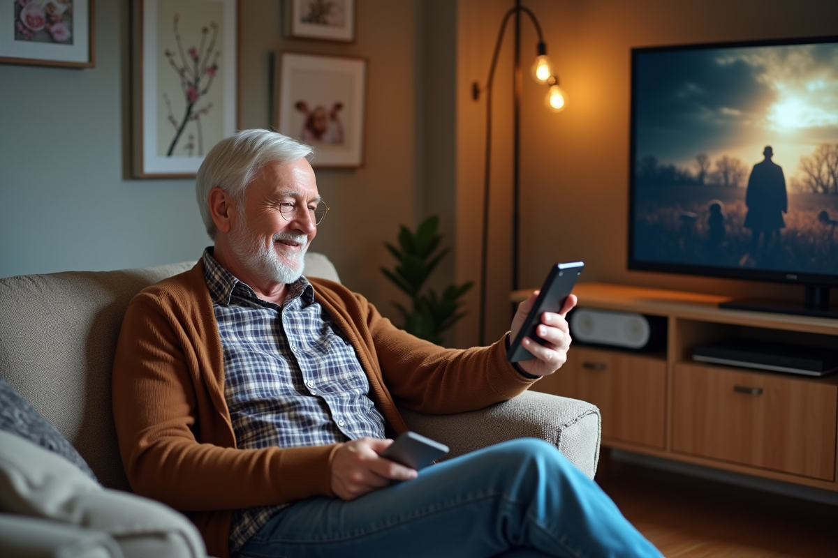Homme âgé regardant la télévision avec smartphone dans un salon chaleureux