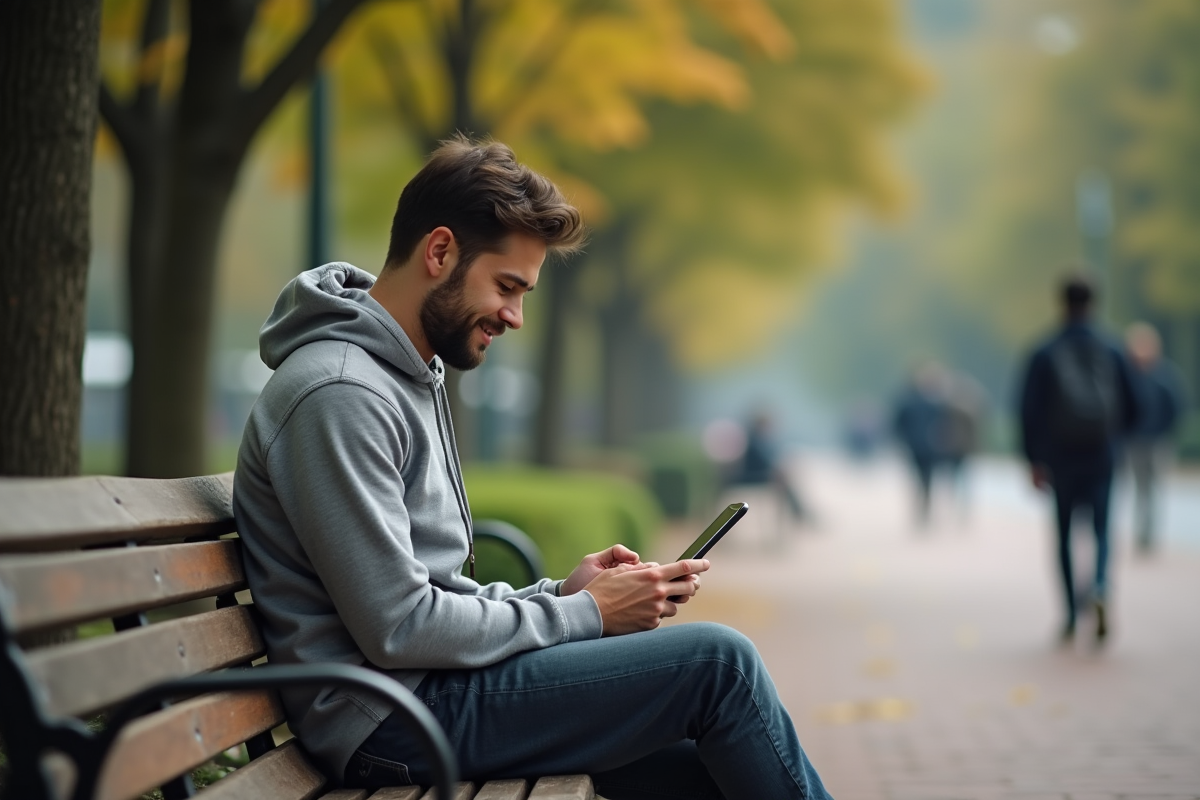 Jeune homme dans un parc regardant sa tablette