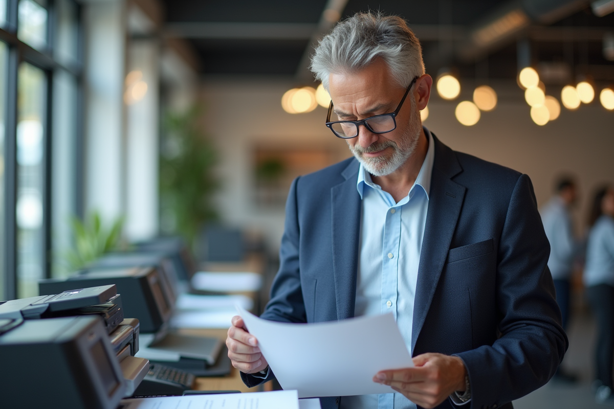 Homme vérifiant ses documents à un comptoir Carrefour