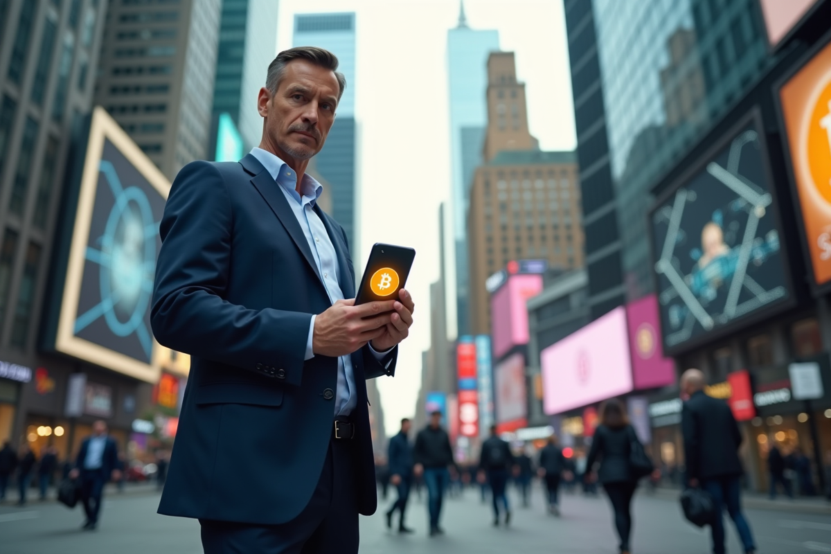 Homme d affaires dans la ville tient smartphone crypto