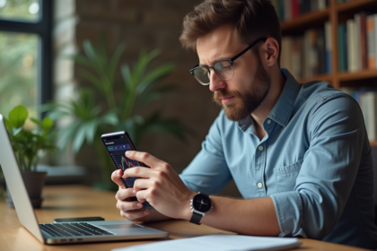 Homme utilisant un smartphone avec portefeuille blockchain dans un bureau moderne