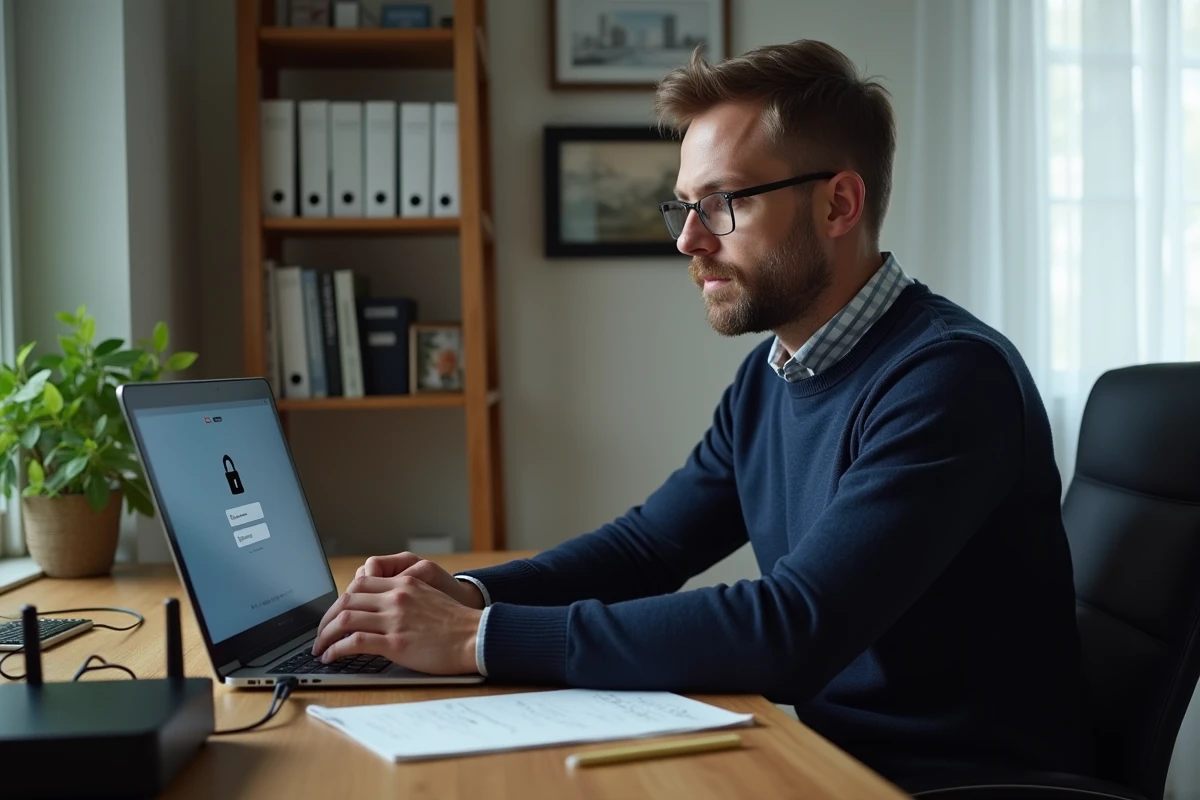 Homme d'âge moyen travaillant sur son ordinateur portable à la maison