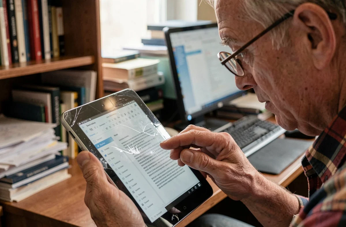 Homme âgé utilisant une ancienne tablette Android pour lire un PDF dans un bureau à domicile