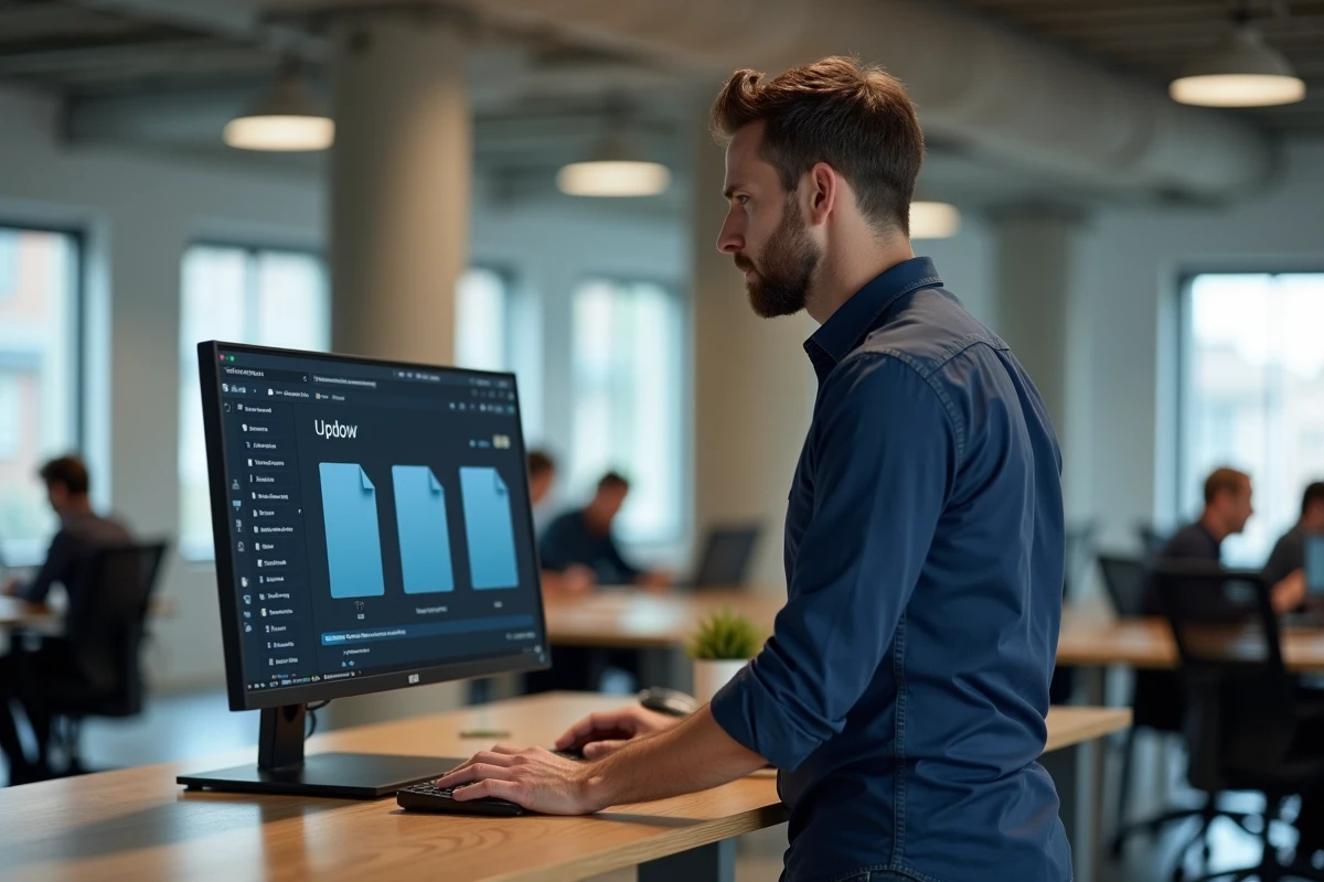 Homme professionnel utilisant un service de transfert de fichiers en ligne dans un espace de coworking moderne