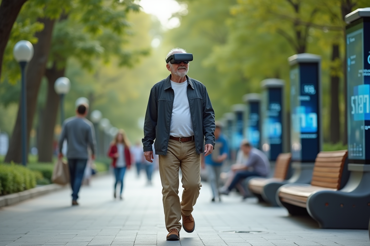 Homme âgé utilisant un casque de réalité augmentée dans un parc urbain