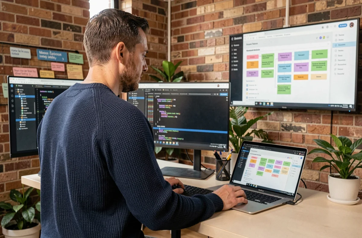 Développeur logiciel d'ID Soft travaillant sur une application et des services managés dans un studio moderne