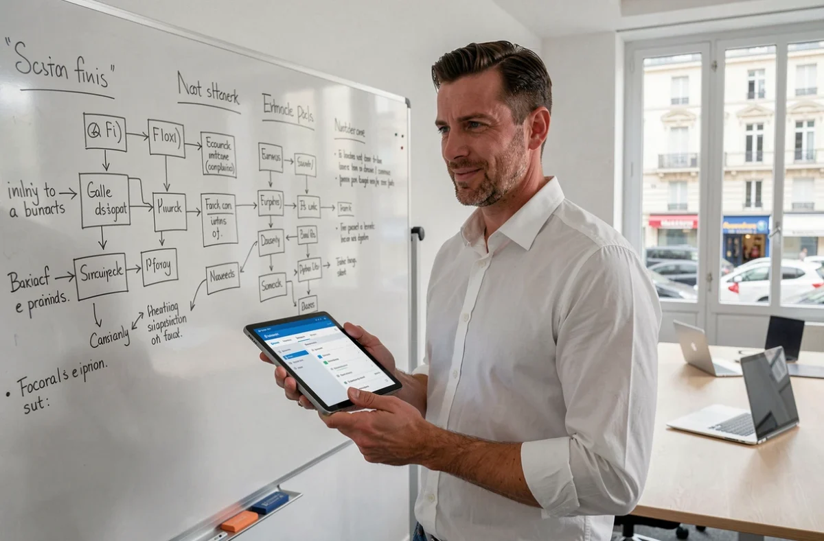 Consultant IT d'Inetd Consulting présentant une architecture technique sur tableau blanc