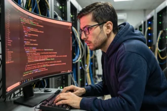 Ingénieur logiciel analysant une erreur récurrente sur un terminal de production en salle serveur
