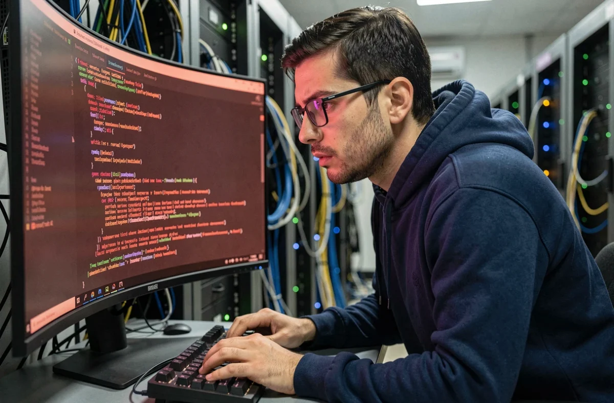 Ingénieur logiciel analysant une erreur récurrente sur un terminal de production en salle serveur