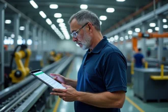 Ingénieur en usine automatisée consultant un logiciel de gestion de ligne de production sur tablette