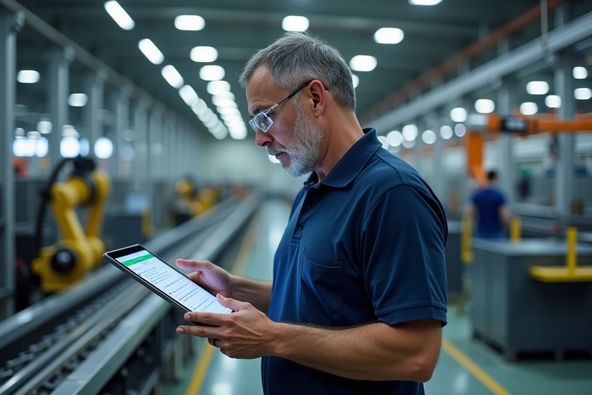 Ingénieur en usine automatisée consultant un logiciel de gestion de ligne de production sur tablette