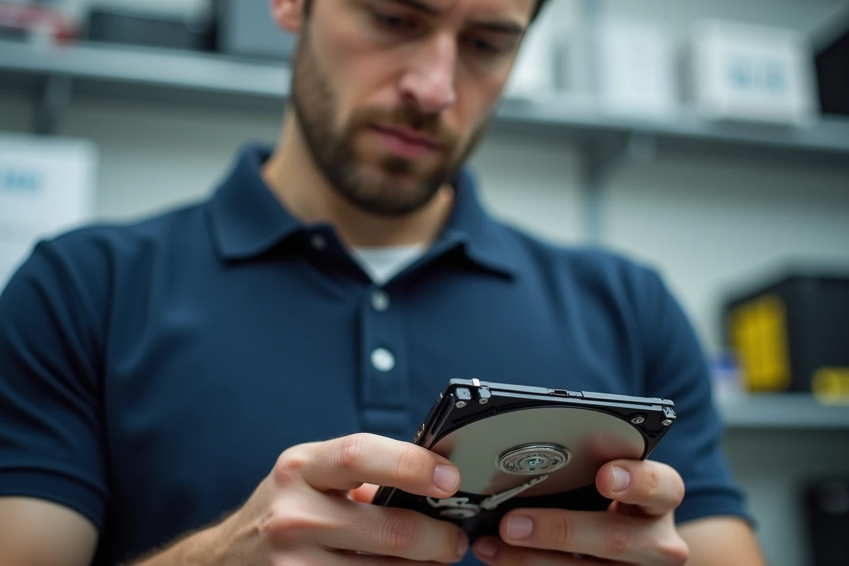 Ingénieur tenant un disque dur 3,5 pouces dans un atelier informatique, examinant les composants mécaniques internes