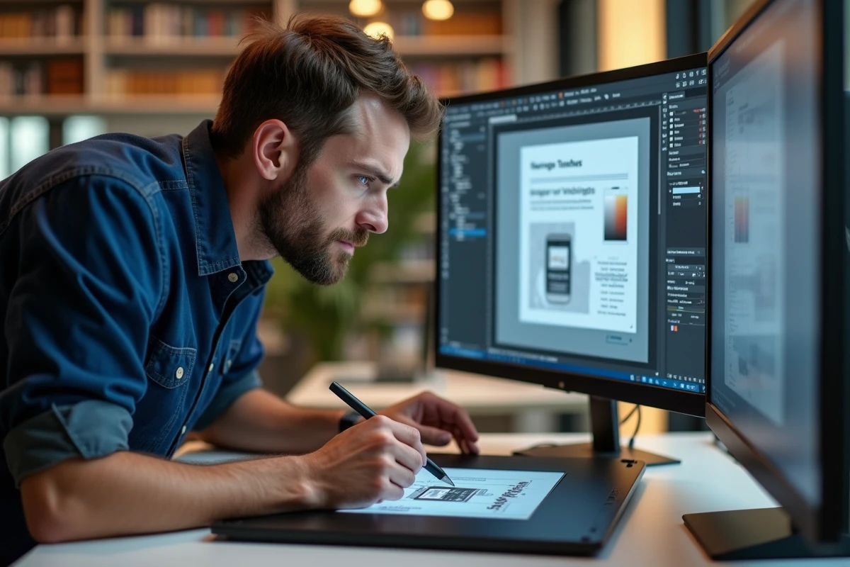 Homme utilisant une tablette graphique pour insérer et redimensionner une photo dans un fichier PDF avec précision au millimètre