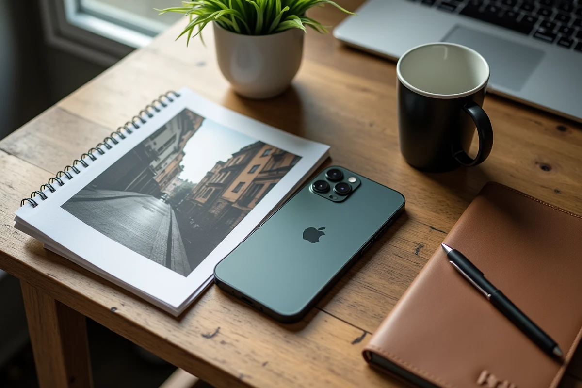 iPhone 13 mini posé sur un bureau en bois avec des photos imprimées et des notes sur les réglages photo, vue à plat style éditorial