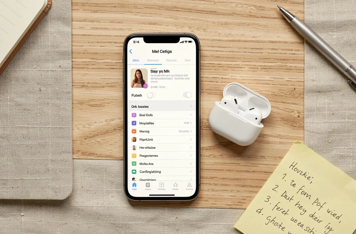 Vue aérienne d'un iPhone affichant un menu de sonnerie musicale, posé sur un bureau en bois avec des AirPods et une note manuscrite