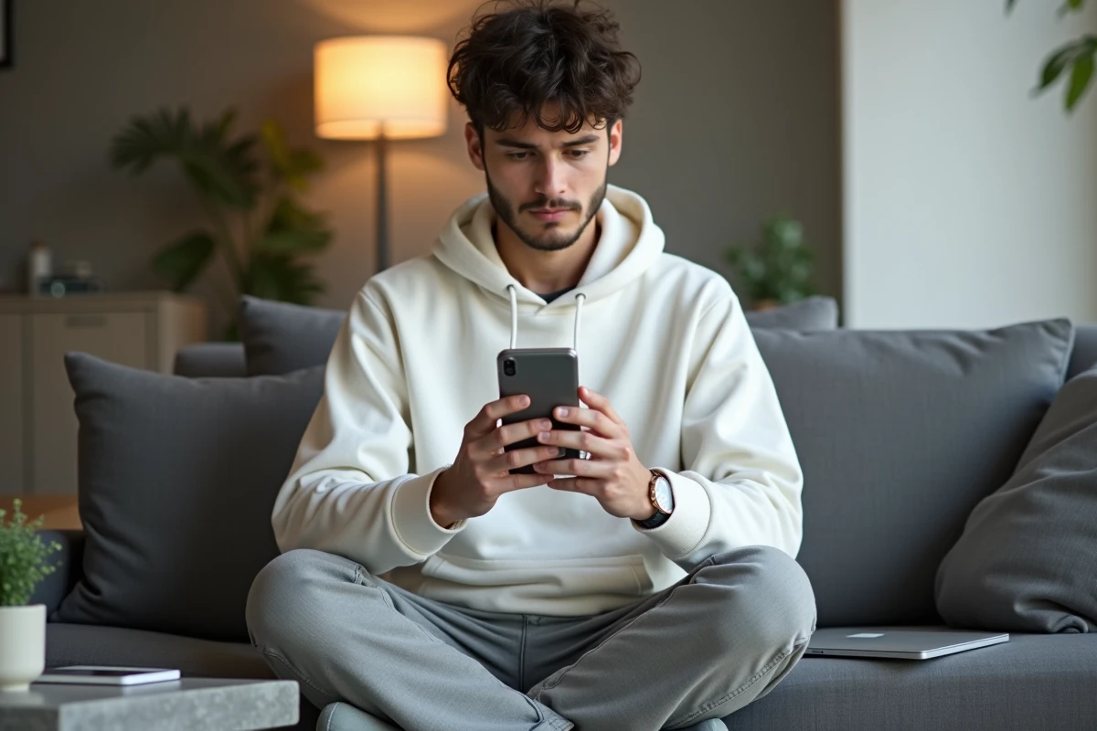 Jeune adulte résolvant un problème de connexion au webmail 1and1 sur smartphone depuis son salon