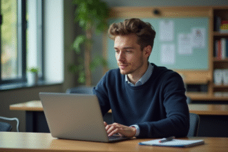 Jeune étudiant universitaire concentré sur son ordinateur dans un bureau moderne