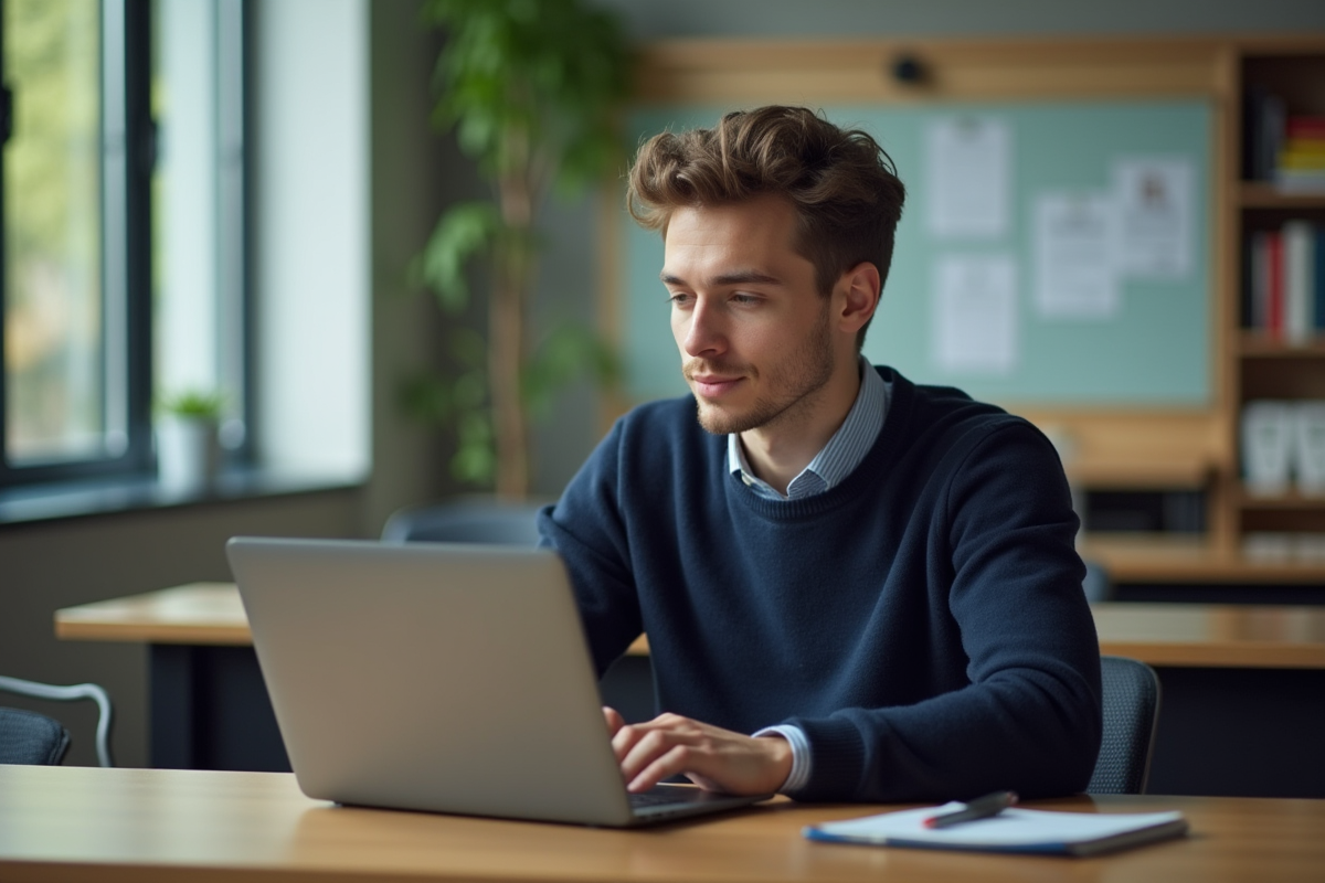Jeune étudiant universitaire concentré sur son ordinateur dans un bureau moderne