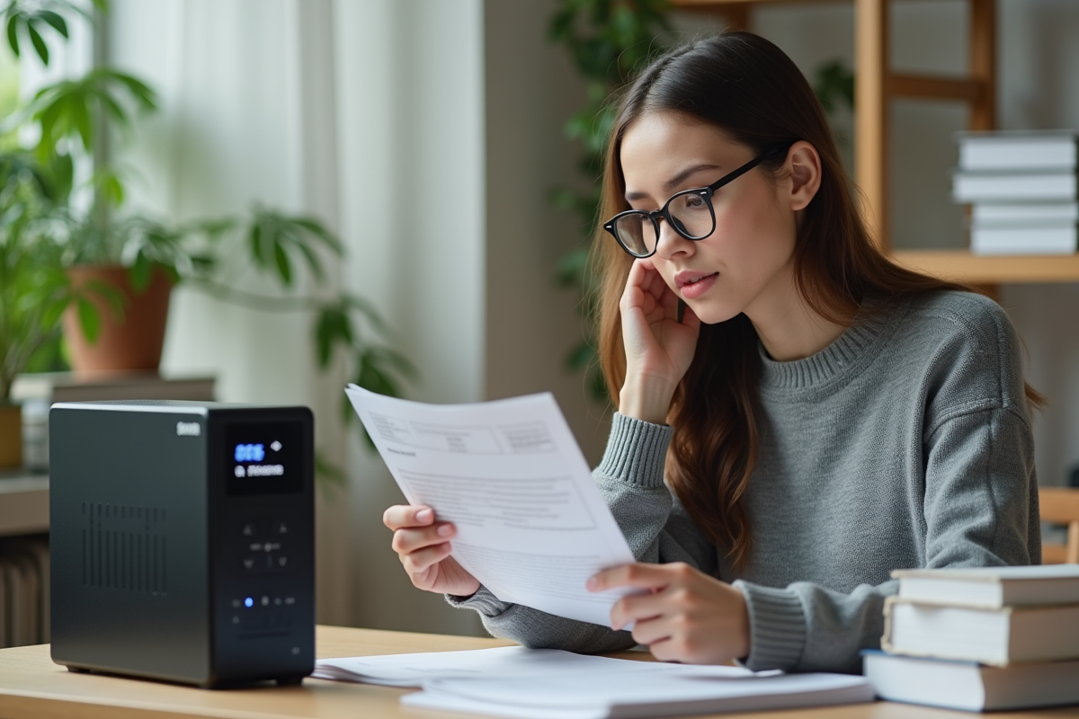 Jeune femme lisant un manuel près d’un UPS 500VA à la maison