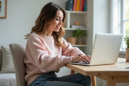 Jeune femme concentrée sur son ordinateur dans un bureau cosy