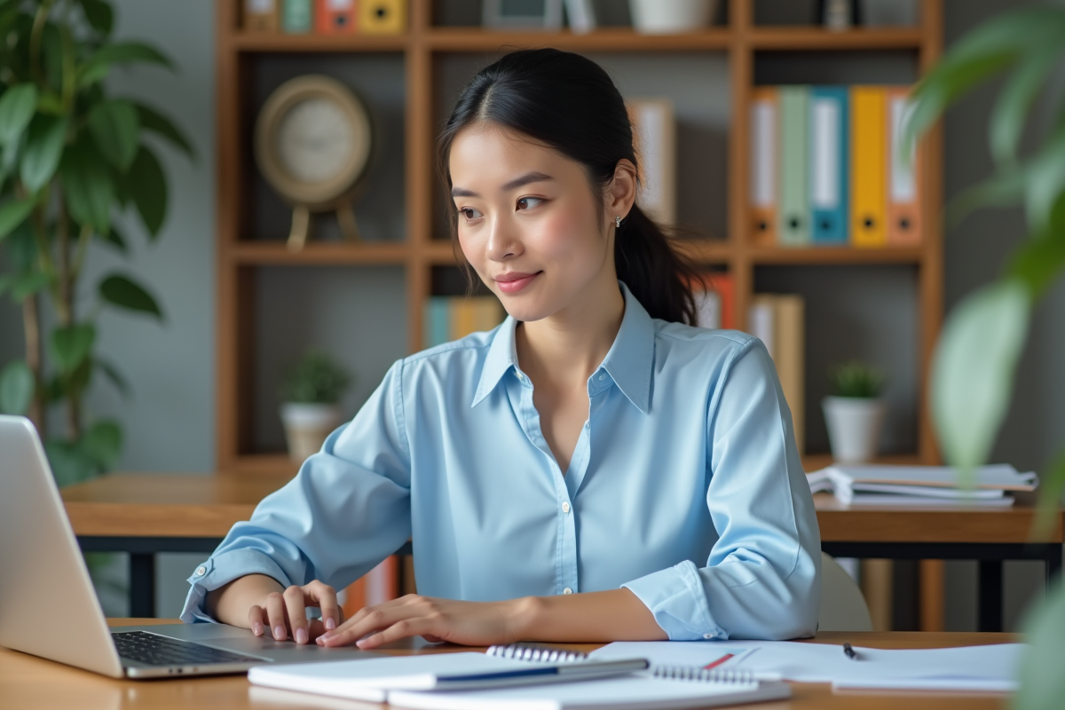 Jeune femme concentrée travaillant sur son ordinateur dans un bureau lumineux