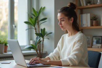 Jeune femme en bureau moderne utilisant un ordinateur portable