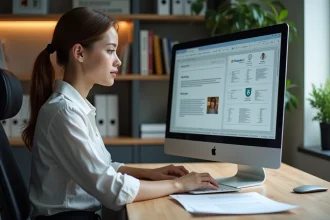 Jeune femme au bureau travaillant sur un ordinateur portable