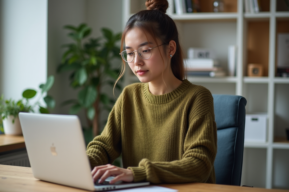 Jeune femme travaillant sur un ordinateur dans un bureau moderne