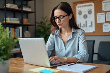Jeune femme professionnelle concentrée sur son ordinateur en bureau moderne