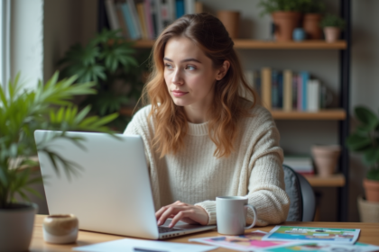 Jeune femme créant un flyer coloré à son bureau à domicile