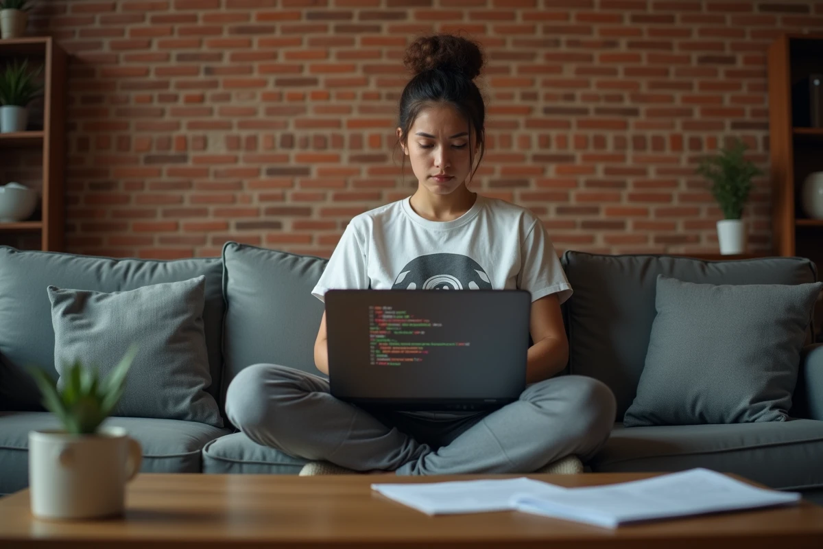 Jeune femme frustrée qui lit un log d'erreur de mod Pokémon Minecraft sur son ordinateur portable dans son salon