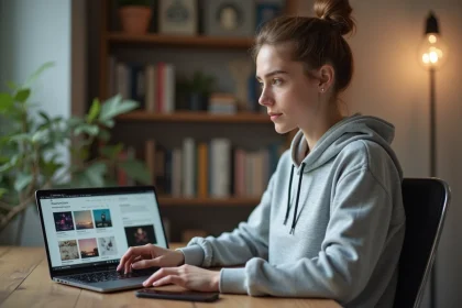 Jeune femme en home office utilisant un convertisseur musical