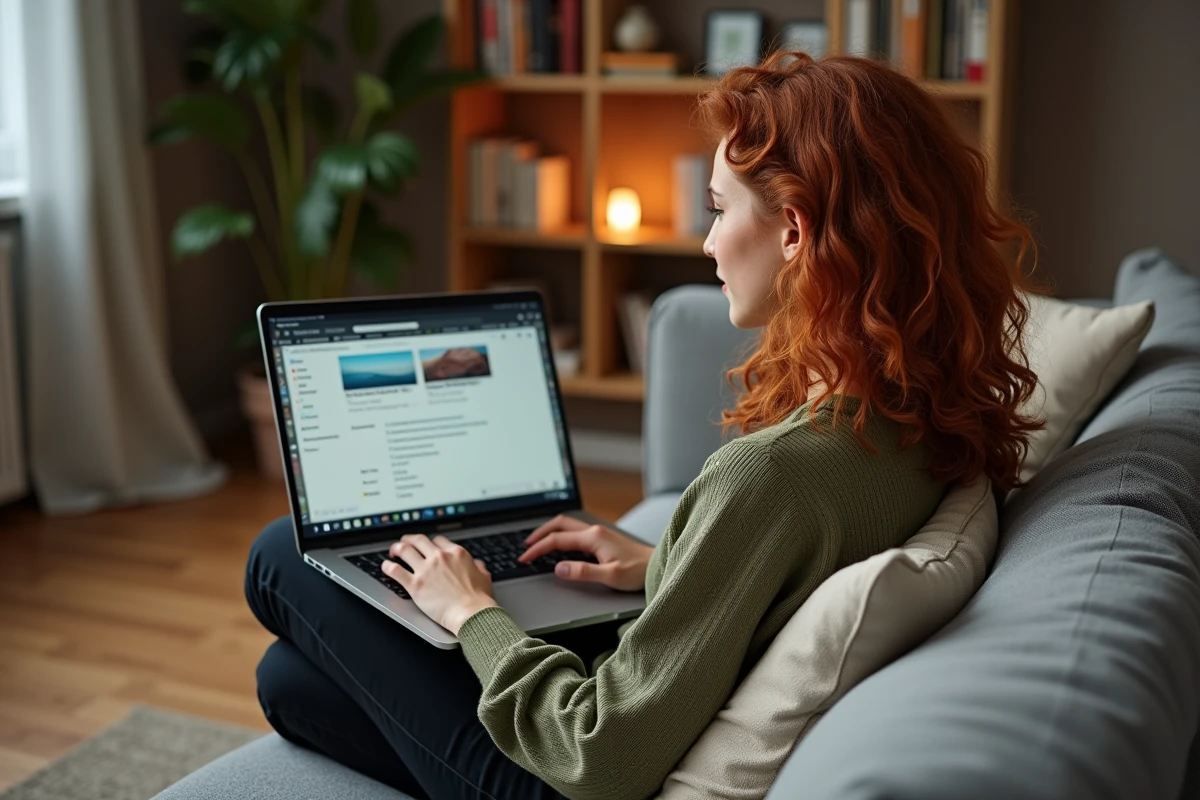 Jeune femme explorant une interface graphique sur un ordinateur portable dans un salon cosy