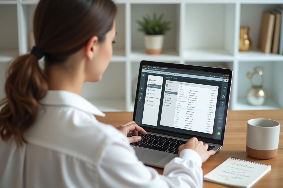 Jeune femme gérant et organisant sa boîte mail webmail académique depuis un bureau à domicile avec laptop et tablette