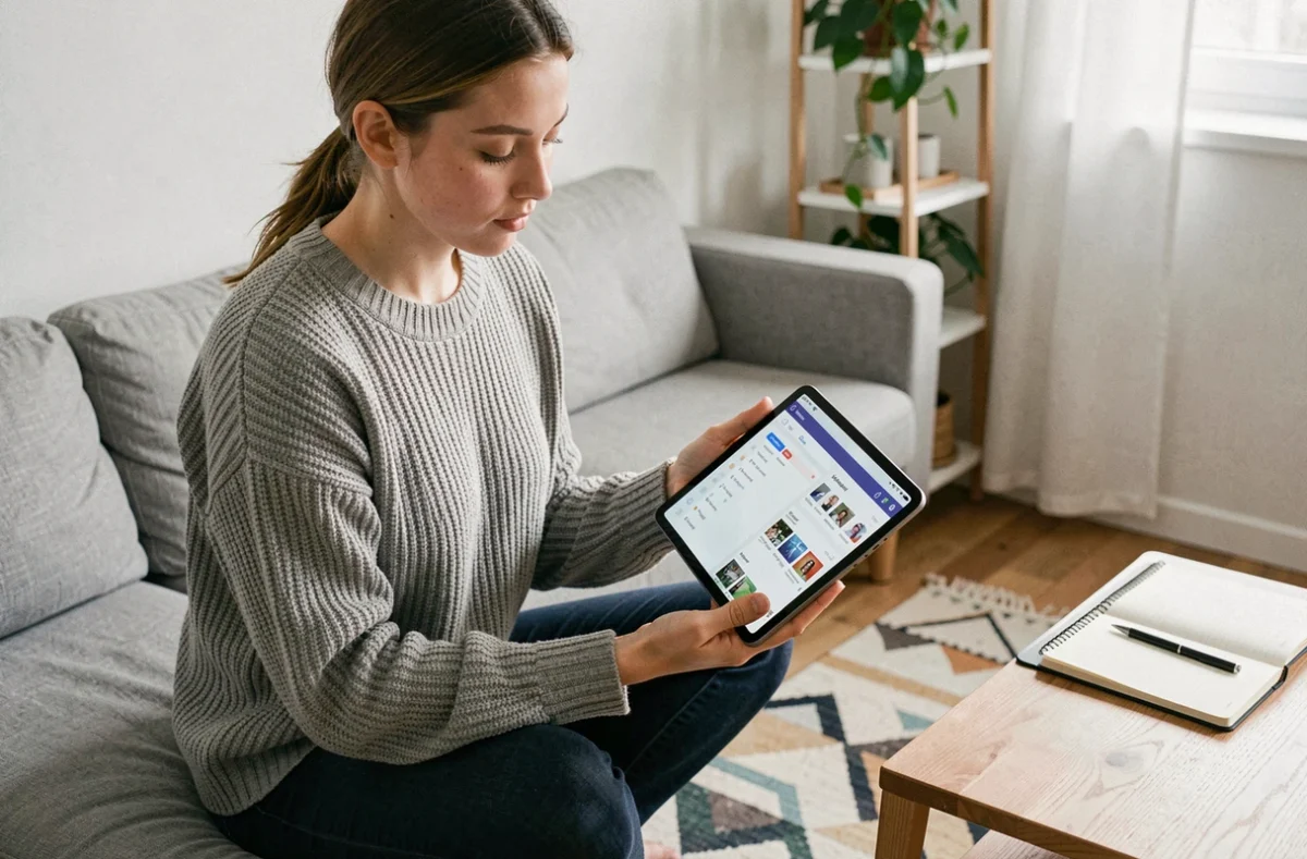 Jeune femme organisant sa messagerie Webmel sur tablette dans un espace de travail à domicile