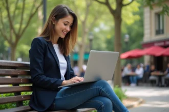 Jeune femme souriante sur un banc à Paris avec son ordinateur portable
