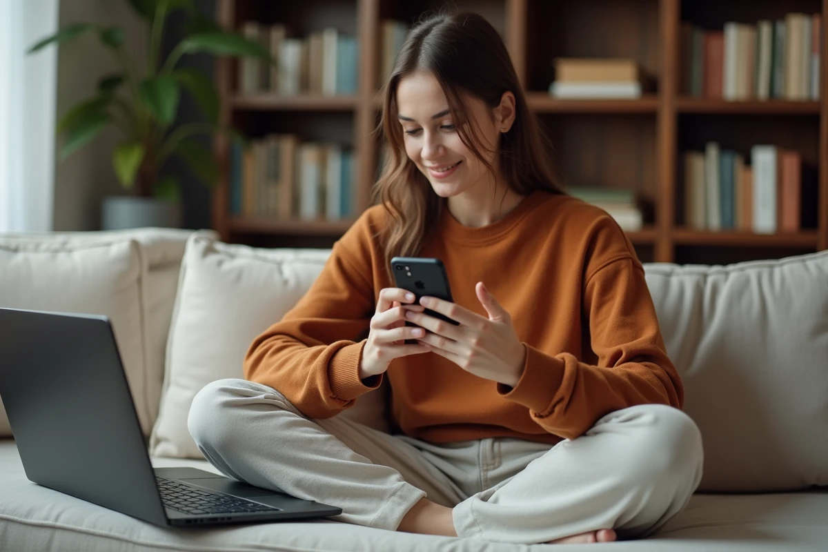 Jeune femme partageant un lien de transfert de fichiers Swisstransfer depuis son smartphone dans un salon cosy