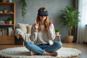 Jeune femme explore la réalité virtuelle dans un salon moderne