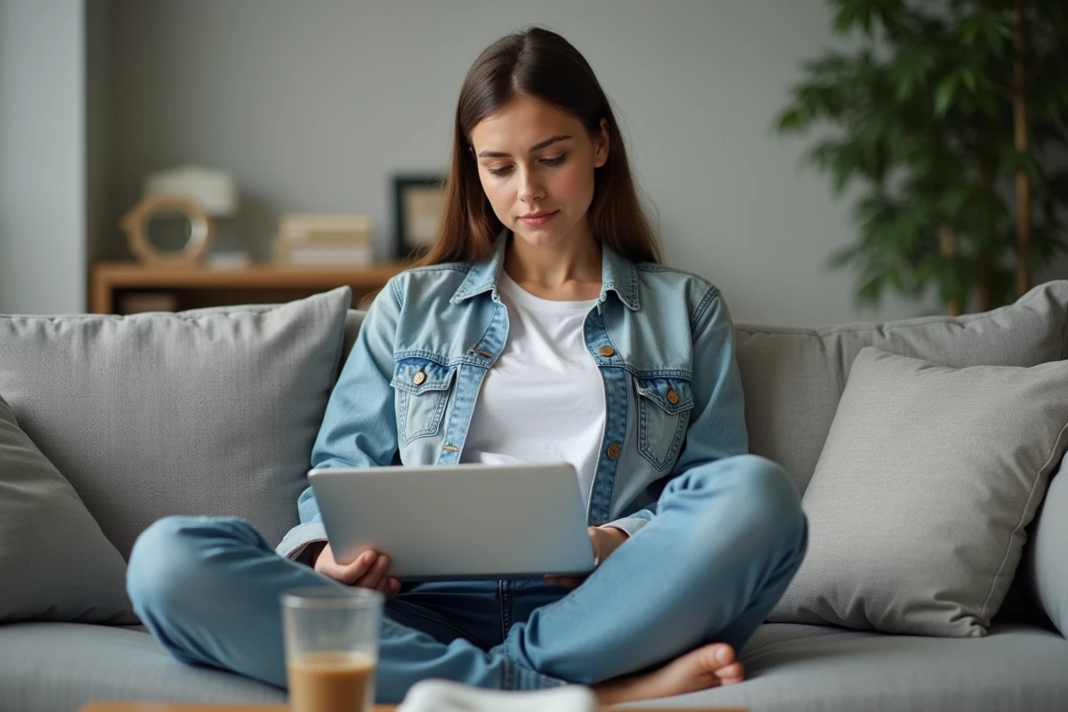 Jeune femme cherchant à récupérer des messages effacés sur un ordinateur portable depuis son canapé