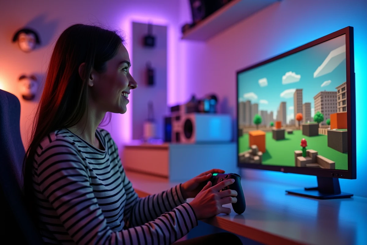 Jeune femme jouant à Roblox sur Nintendo Switch branché en mode TV dans un espace gaming