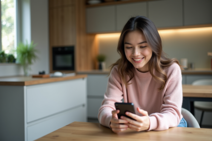 Jeune femme souriante utilisant son smartphone dans une cuisine moderne