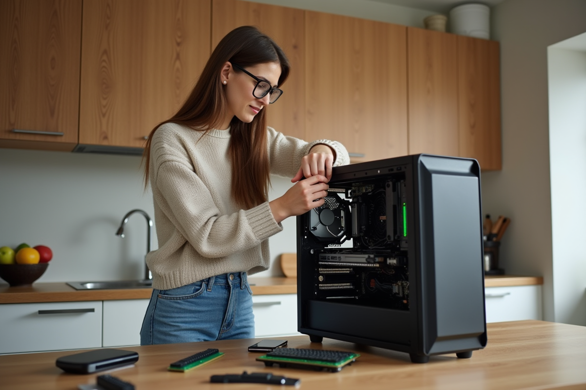 Jeune femme installant des composants dans un PC dans la cuisine