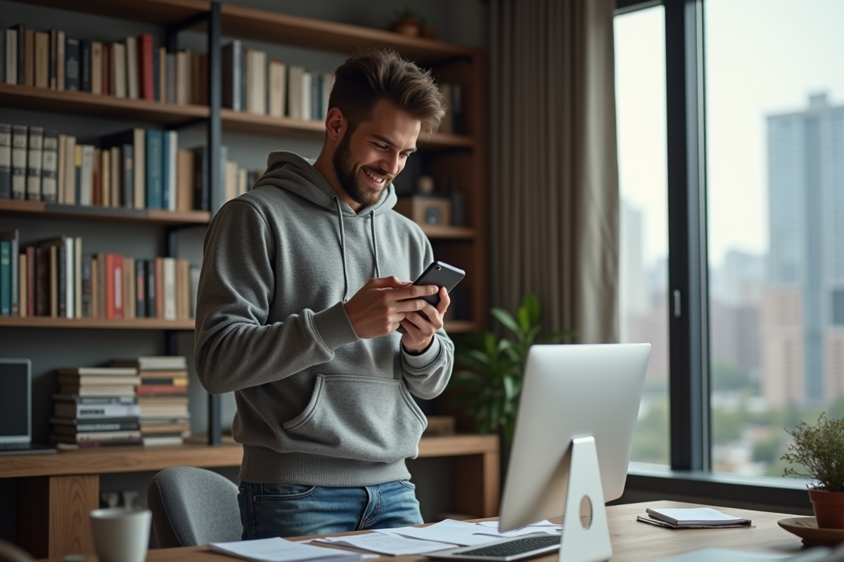 Jeune homme bloquant un message spam sur son smartphone dans un bureau