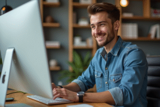 Jeune homme en denim au bureau en train de cliquer sur son ordinateur